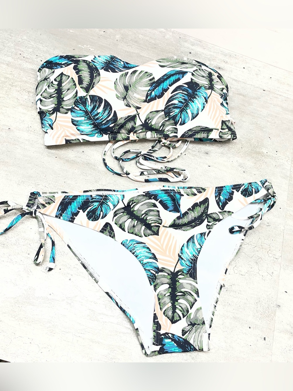 La Vie en Rose Aqua Bikini Set Women Large Green Tropical Palm Leaf Excellent